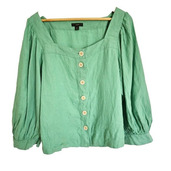 J.CREW Tops - J.Crew 100% Linen Blouse Square Neck Balloon Sleeve Button Front Green Size XL